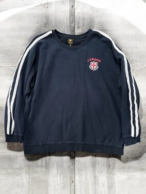 Five Star Navy London Crewneck Sweatshirt with White Stripes on Sleeves
